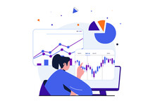 Stock Market Modern Flat Concept For Web Banner Design. Woman Is Engaged In Trading, Analyzes Financial Data With Growth Trend And Bargain Invests Money. Illustration With Isolated People Scene