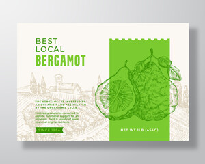 Wall Mural - Bergamot Food Label Template. Abstract Vector Packaging Design Layout. Modern Typography Banner with Hand Drawn Fruits and Rural Landscape Background Isolated