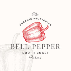 Wall Mural - bell pepper badge logo template. hand drawn vegetable sketch with retro typography. premium plant ba