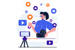 © alexdndz - Video blogging modern flat concept for web banner design. Woman records video on mobile phone, publishes content and attracts new audience to blog. Illustration with isolated people scene