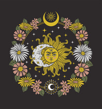 Sun With Flowers And Moon, Magical Vector Illustration, Occult Print For T-shirt