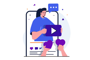 Leinwandbilder - Video blogging modern flat concept for web banner design. Woman blogger making video content, collects likes and followers subscribe to blog at app. Illustration with isolated people scene