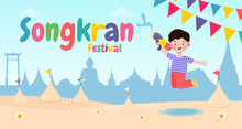 Songkran Festival Banner Template Kids Holding Water Gun And Jumping Enjoy Splashing Water In Songkran Festival, Thailand Traditional New Year's Day Vector Illustration Isolated Background