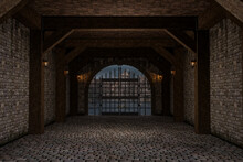 Medieval Castle Hallway With Iron Gate Leading Outside To The Village. 3D Rendering.