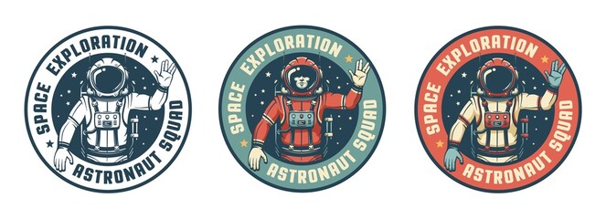 astronaut in spacesuit - space retro badge. spaceman waves his hand vintage emblem. vector image.
