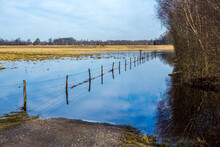 Fence With Barbed Wire In Flooded Swedish Field In The Spring