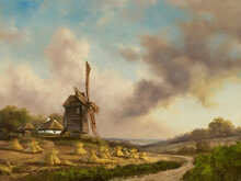 Oil Paintings Rural Landscape, Old Windmill In The Field, Old Windmill In The Evening. Fine Art, Artwork