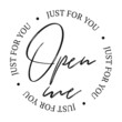 open me Calligraphic Cursive Typographic Text on White Background. OPEN ME stamp. Graphic elements are rounded rectangles, rosettes, circles and text