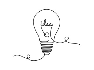 Wall Mural - Light bulb with idea in one continuous line drawing. Brainstorm symbol or electricity concept in simple linear style. Editable stroke. Doodle Vector illustration