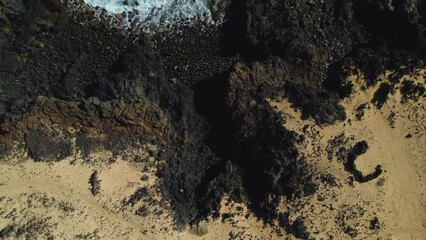 Poster - Volcanic formations and Atlantic Ocean view of Lanzarote Island. Rocky coast, black stones on the beach. Canary Islands. Spain