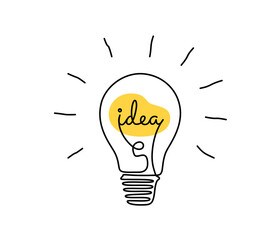 Wall Mural - Light bulb with idea in one continuous line drawing. Brainstorm symbol and creative mind concept in simple linear style. Editable stroke. Doodle Vector illustration