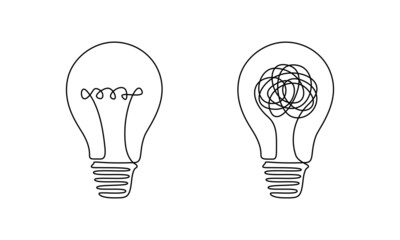 Wall Mural - Light bulb with scribbles in one continuous line drawing. Concept of chaos and order in thoughts and ideas in simple linear style. Shining lamp with editable stroke. Vector illustration