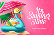 Summer time vector background design. It's summer time text in pink pattern background with flamingo floaters and umbrella elements for tropical holiday season. Vector illustration.
