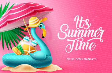 Wall Mural - Summer time vector background design. It's summer time text in pink pattern background with flamingo floaters and umbrella elements for tropical holiday season. Vector illustration.
