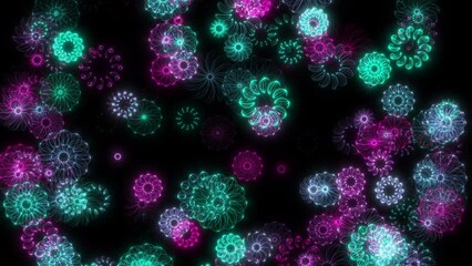 Wall Mural - animated video of abstract random glowing symmetric ornaments appear and evolve then fade to black