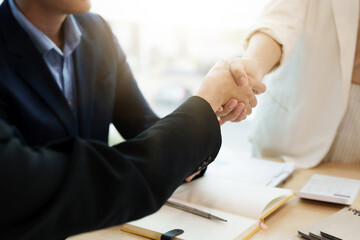 Poster - Business asian people shaking hands, finishing up meeting, business etiquette, congratulation, merger and acquisition concept