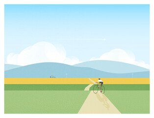 web vector illustration of spring summer or may riding in countryside.happy activities landscape