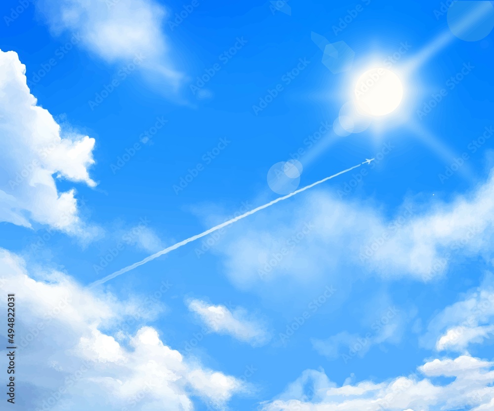 太陽の光り輝く空に雲と青空に飛行機雲の飛ぶ美しい初夏フレーム背景