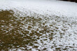 Abstract texture background of melting snow on a grass lawn in springtime