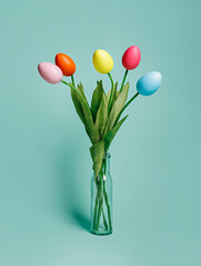 Canvas Print - Bouquet of tulips in the glass vase with colored eggs instead of buds on pastel blue background. Creative Easter holiday concept. Natural surreal traditional holiday greeting card.