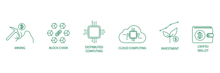 Canvas Print - mining, blockchain, distributed computing, cloud computing, investment, crypto wallet line icon set 