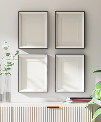 3D render, set of 4 blank wooden art frames on the wall and elegant white wooden sideboard with trendy eucalyptus leaves in vases. Background, Template, Photo, Mockup, Mock up, Contemporary, Sunlight
