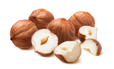 Wall Mural - pile of shelled hazelnuts isolated on white background