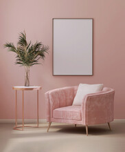 Realistic 3D Render Of A Sweet Pink Armchair Sofa With Cushion Next To A Luxury Rose Gold Side Table With Plants And A Blank Photo Frame On Pastel Pink Wall. Interior Design, Poster, Arts, Mockup.