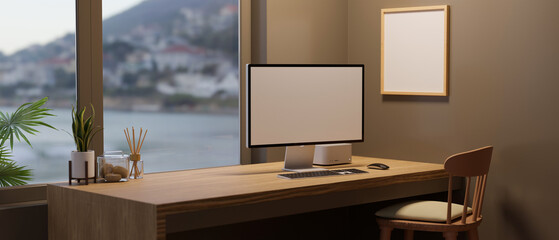Canvas Print - modern workspace interior background with computer stand on wooden table