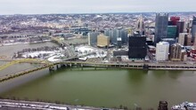 Aerial View Of Monongahela River With Pittsburgh Skyline Downtown In The Background