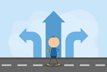 Businessman With Confused Stickman Shape In Front Of Arrow Crossing To Make Right Decision And Solution. Business Decision And Career Path Strategy Concept.
