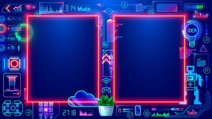 Double neon vertical frames or borders mock up on blue background in digital computer technology style for children. Templates presentation for Kids learning STEM professions. online education course