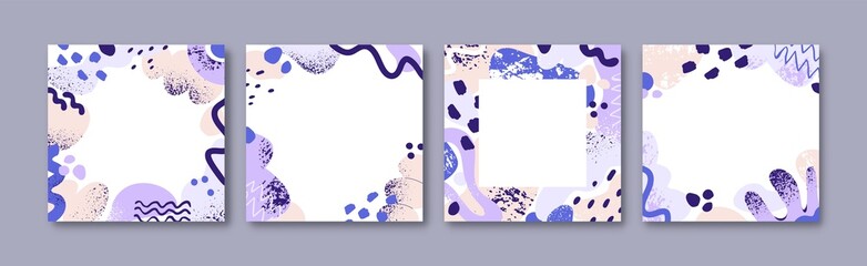 Fototapete - Abstract backgrounds set. Square-shaped cards with minimalistic geometric frames. Trendy modern designs, templates for social media posts with organic blobs, waves, lines. Flat vector illustrations