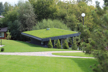 Wall Mural - A modern village with turf roofs. Scandinavian type of green roof covered with sod on top.