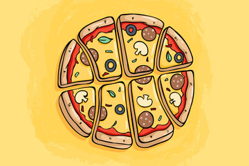 cute pizza with basketball form on yellow background