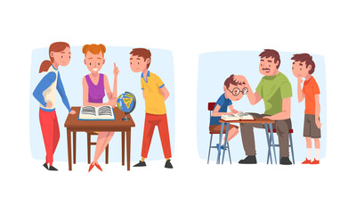 Wall Mural - Children studying with parents at home together set. Mother and father helping children with homework. Homeschooling concept cartoon vector illustration