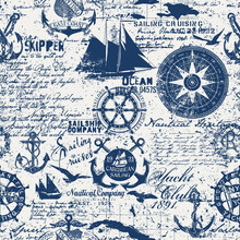 Caribbean Sailing Cruises Nautical Elements Collage Wallpaper Grunge Marine Vector Seamless Pattern