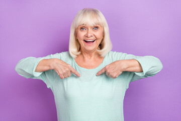 Sticker - Photo of excited crazy funky lady indicate fingers herself unexpected pick wear teal shirt isolated violet color background