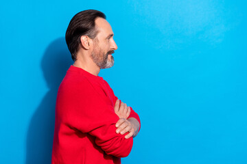 Poster - Profile side view portrait of attractive cheery man folded arms copy empty space ad isolated over bright blue color background