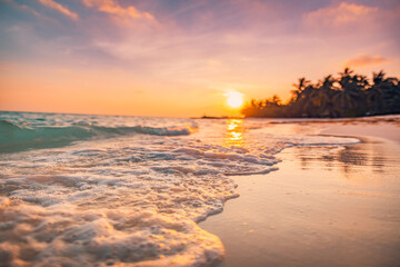 Aufkleber - Beautiful closeup wave. Amazing sunset tropical paradise sea beach. Tranquil summer vacation holiday landscape. Tropical sunset beach seaside palm trees silhouette. Positive energy nature seascape