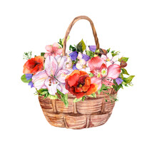 Floral Bouquet In Basket - Summer Flowers. Vintage Design For Print, Mothers Day Card. Watercolor