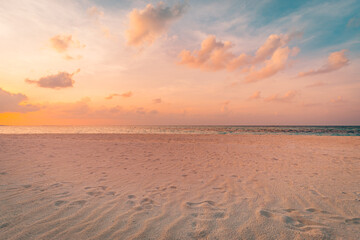Aufkleber - Closeup sea sand beach. Amazing empty beach landscape. Inspire tropical island seascape horizon. Orange golden purple sunset sunrise sky tranquil sunlight. Summer vacation travel holiday copy space