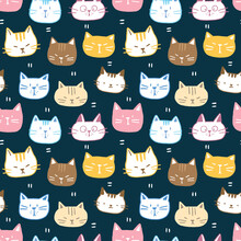 Seamless Pattern With Cartoon Cat Face Design On Dark Blue Background
