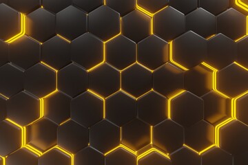 Wall Mural - luminous hexagons, black and orange or yellow abstract background made of geometric shapes, color st