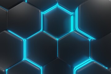 Wall Mural - luminous hexagons, black and cyan abstract background made of geometric shapes, color structure made