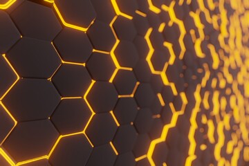 Wall Mural - yellow hexagons, abstract background made of geometric shapes, structure made of honeycombs, 3d rend