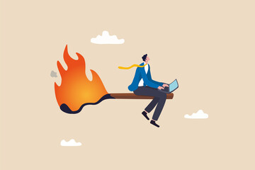 Burnout from overworked or pressure to finish within deadline, frustration or exhausted worker, despair employee or trouble concept, desperate businessman working with laptop on burning matchstick.