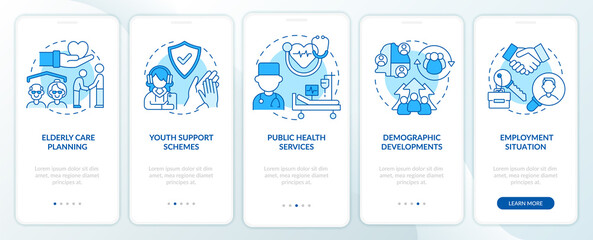 Social planning examples blue onboarding mobile app screen. Walkthrough 5 steps graphic instructions pages with linear concepts. UI, UX, GUI template. Myriad Pro-Bold, Regular fonts used