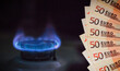 Gas flame with euro banknotes. Energy price.