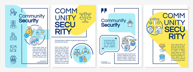 Community security blue and yellow brochure template. Ethnic group. Leaflet design with linear icons. 4 vector layouts for presentation, annual reports. Questrial, Lato-Regular fonts used